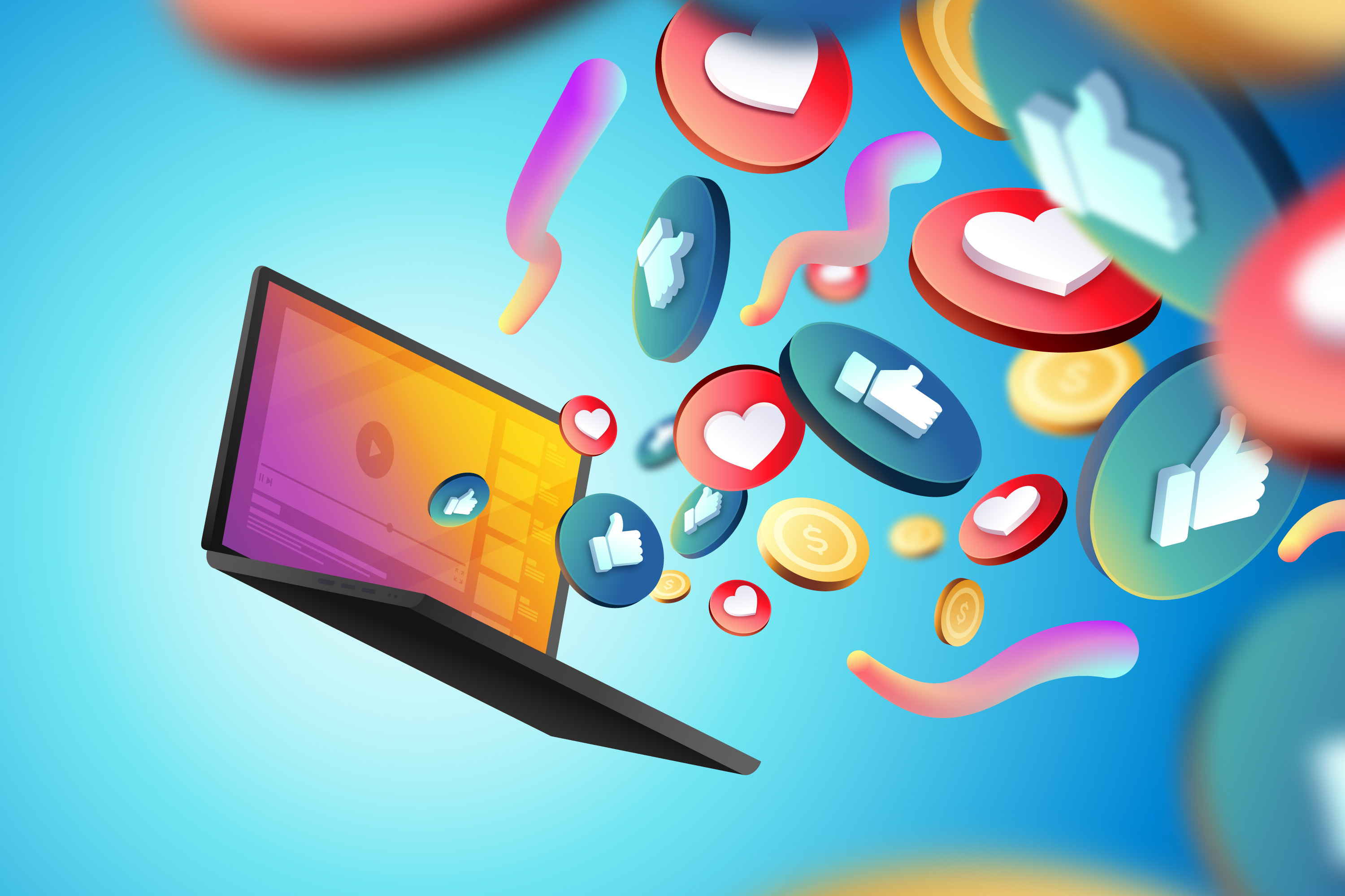 3D illustation of social media emojis floating outside a laptop screen